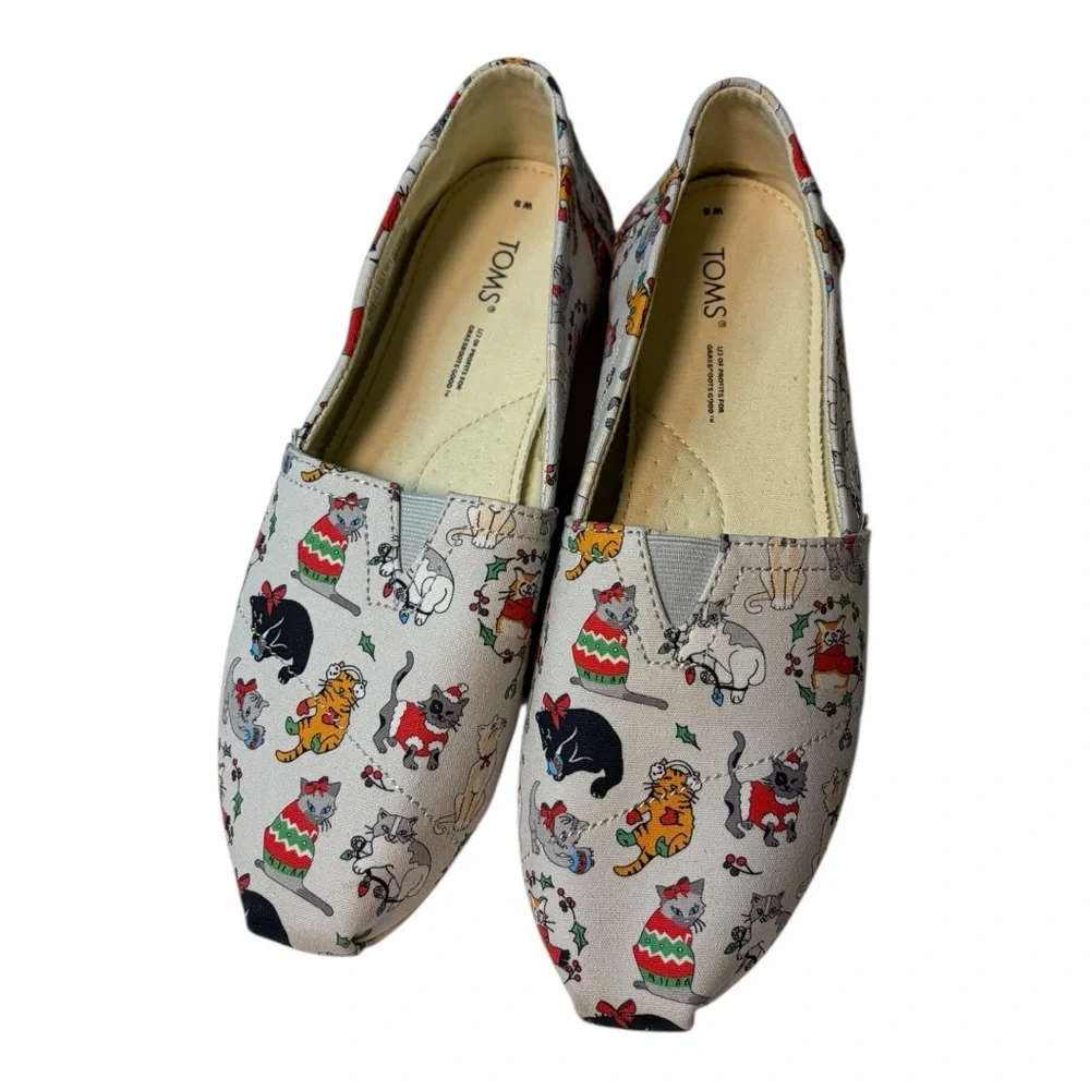 TOMS Christmas Cats Slip On Flats Size 9 - Picture 1 of 6